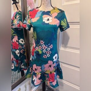 Teal Floral Ruffle Hem Dress